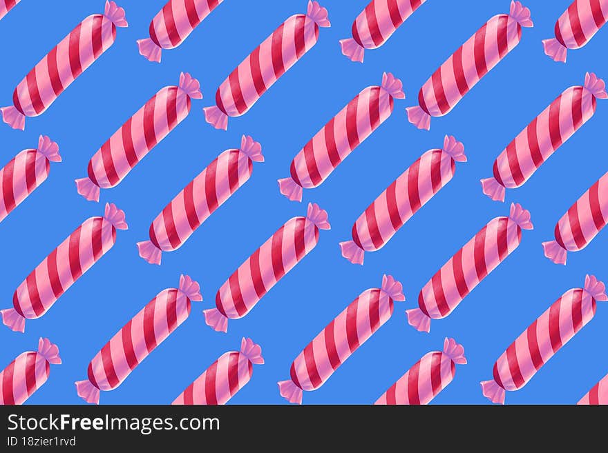 Flying candy sausage on blue background. Seamless background pattern