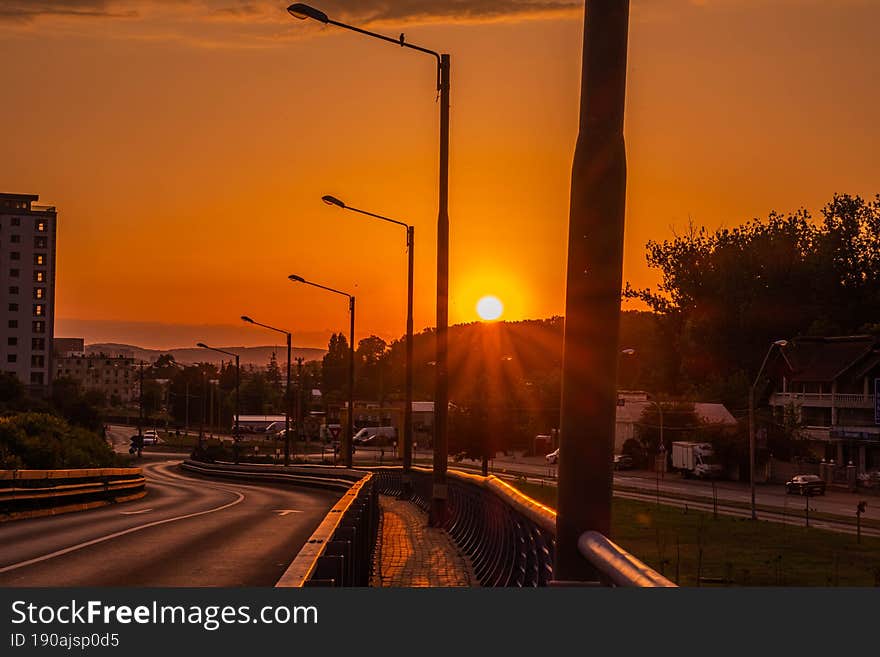 Beautiful Sunset Or Sunshine On Pitesti Bridge