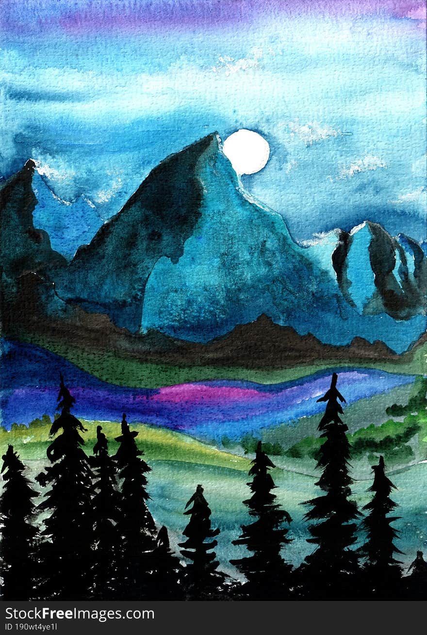 Watercolor night in the mountains. Traditional art landscape