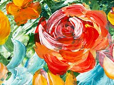 Abstract Painting Red And Yellow Flowers, Original Hand Drawn, Impressionism Style, Color Texture, Brushstrokes Of Paint,  Art Royalty Free Stock Photo
