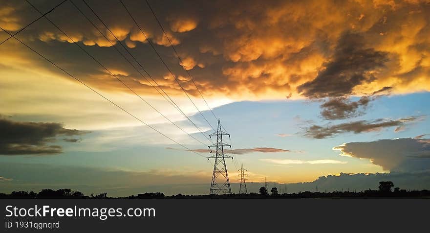 Electric Tower With Beautiful Natural Red Cloud