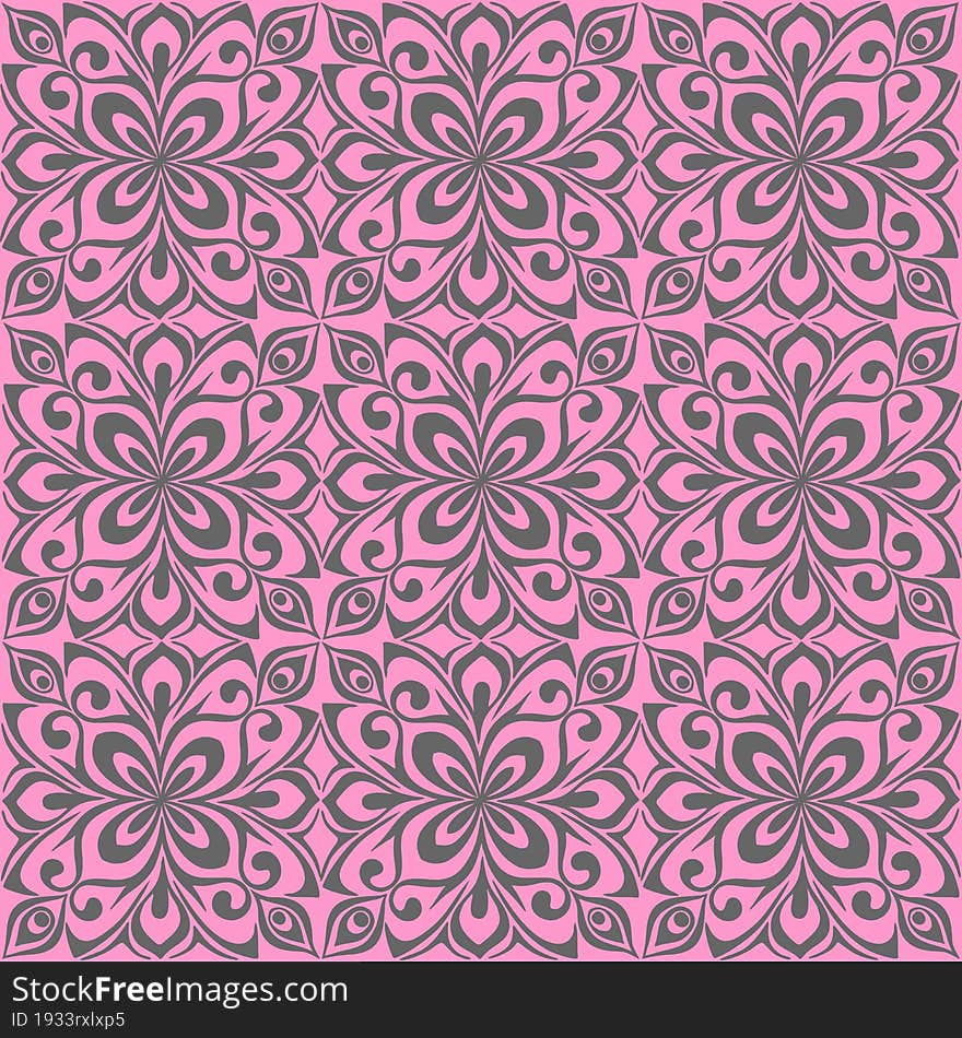 seamless graphic pattern, floral gray ornament tile on pink background, texture, design