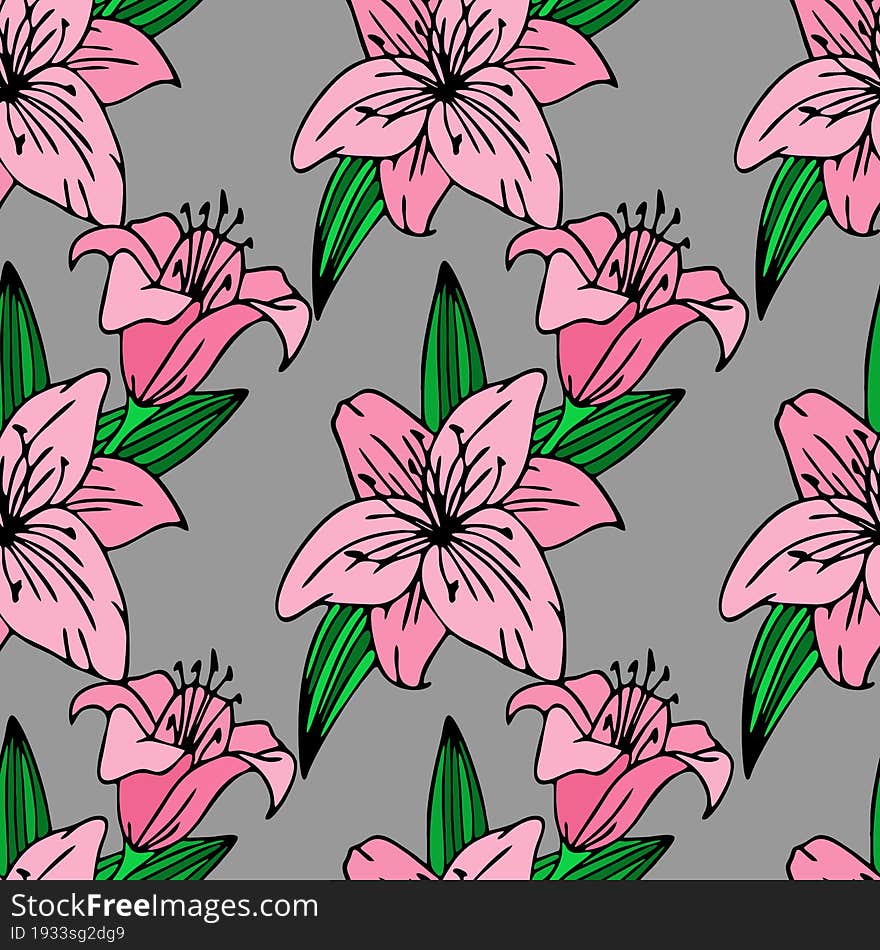 Seamless Repeating Pattern Of Large Pink Lily Flowers On A Gray Background, Texture, Design