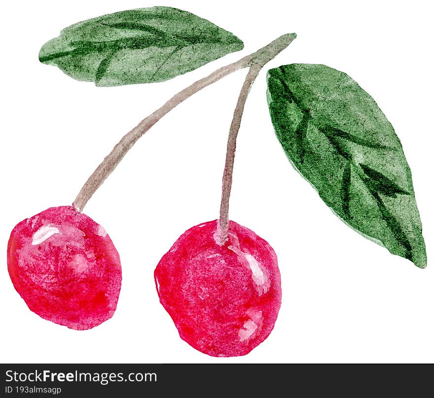 Two ripe cherry berries on a branch with leaves hand-drawn with watercolor strokes. Simple childlike illustration isolated on transparent or white background