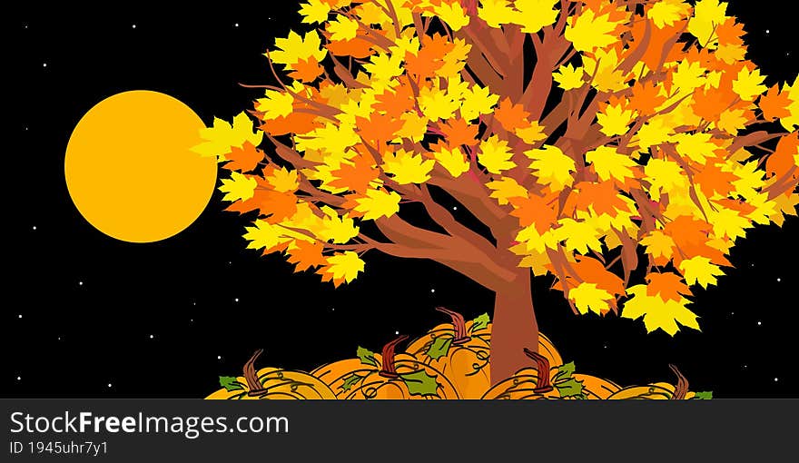 Tree with autumn leaves and pumpkins at night. Vector illustration