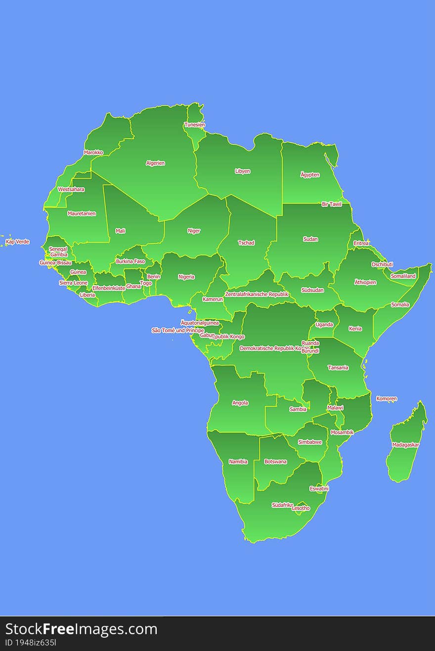 Africa map with yellow outline and green surface surrounded by blue ocean labeled with countries in German