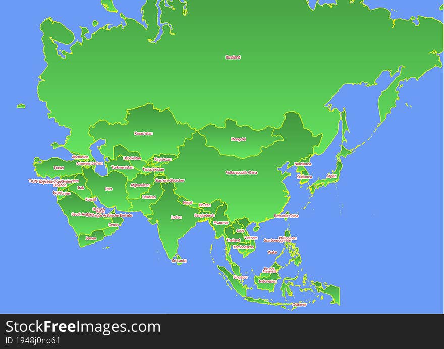 Asia map with yellow outline and green surface surrounded by blue ocean labeled with countries in German