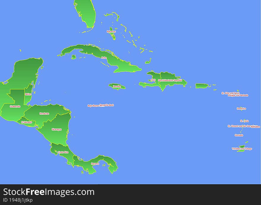 Central America map with yellow outline and green surface surrounded by blue ocean labeled with countries in German