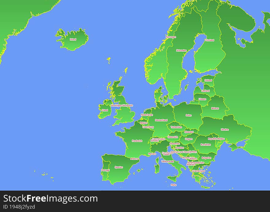 Map of Europe with yellow outline and green surface surrounded by blue ocean labeled with countries in German