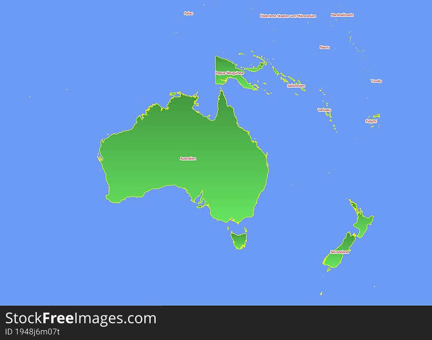 Map of Oceania d with yellow outline and green surface surrounded by blue ocean labeled with countries in German