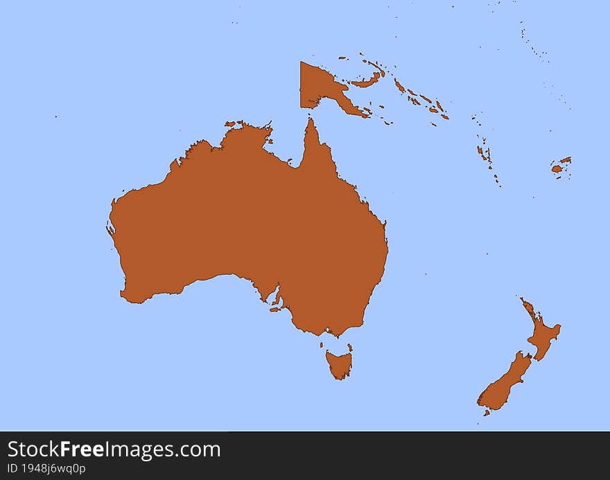 Oceania Map With Black Outline And Brown Surface Surrounded By Blue Ocean