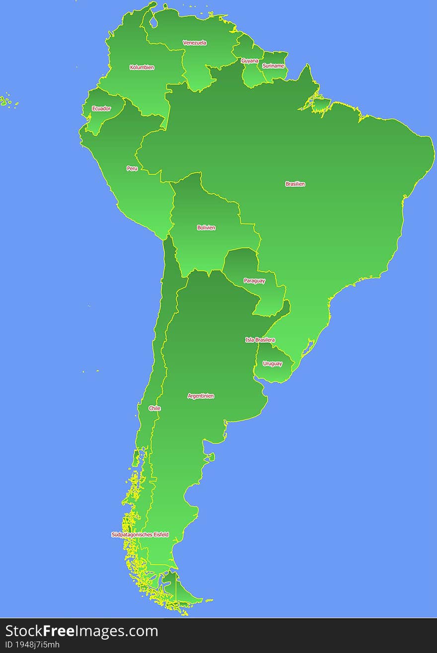 South America map with yellow outline and green surface surrounded by blue ocean labeled with countries in German