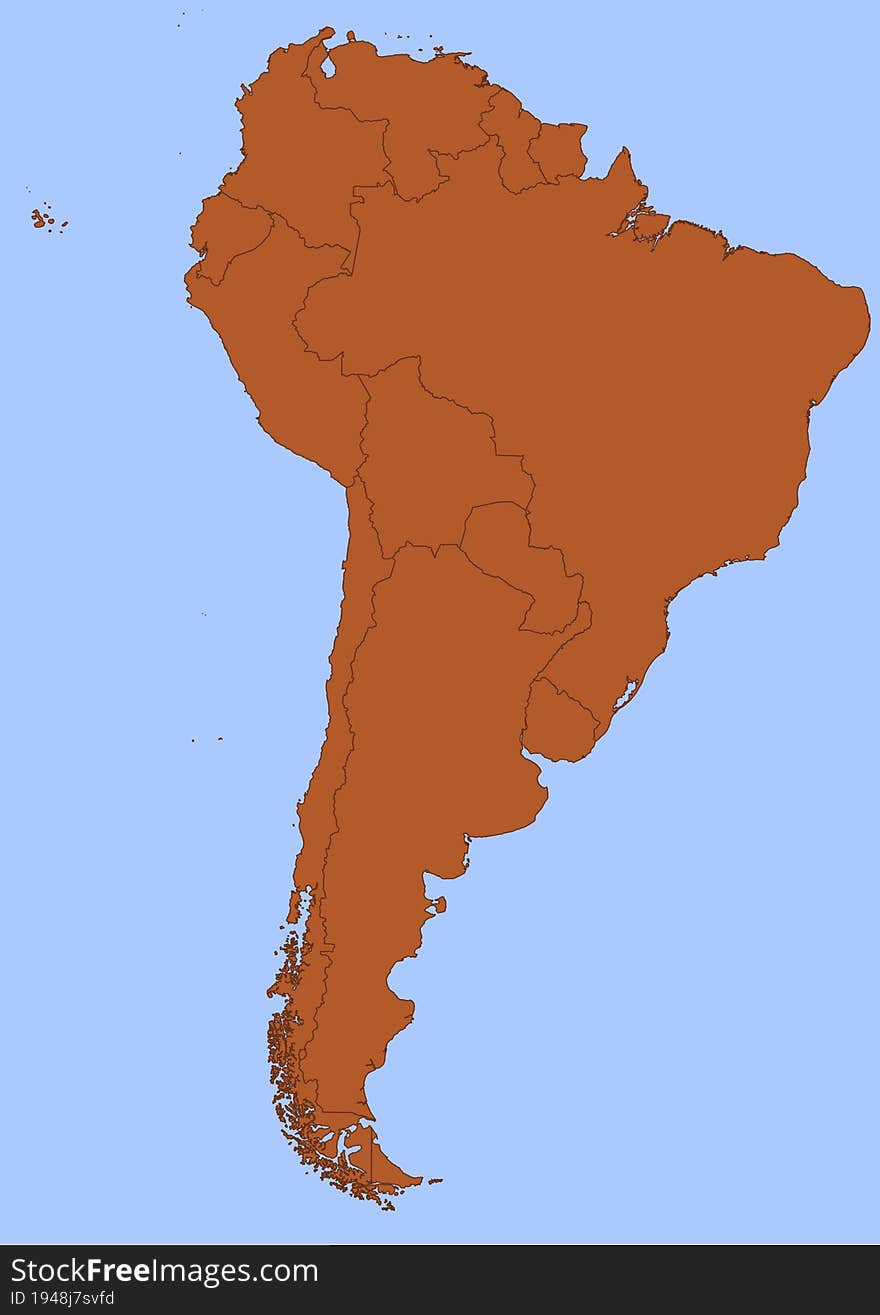South America map with black outline and brown surface surrounded by blue ocean