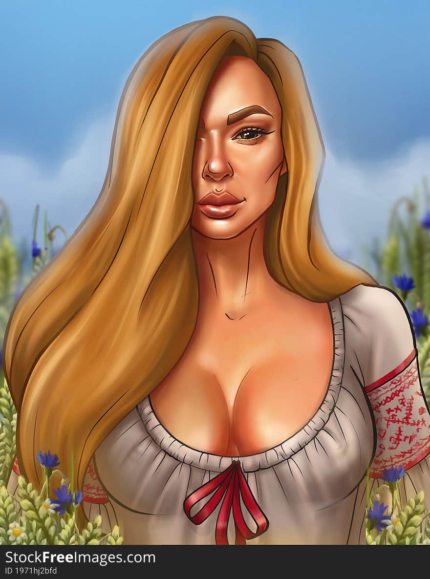 Ukrainian woman in a embroidered dress in a field of spikelets, on a blurred background