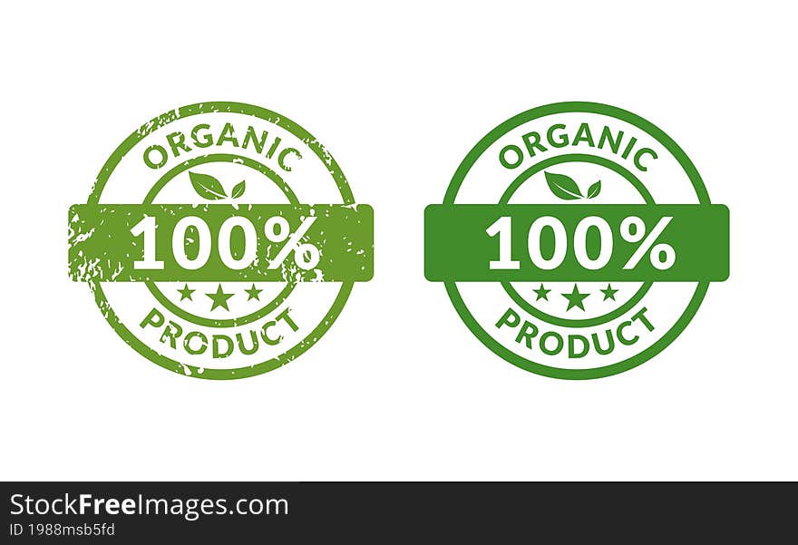 Organic Ingredients 100 percent green rubber stamp icon isolated on white background.