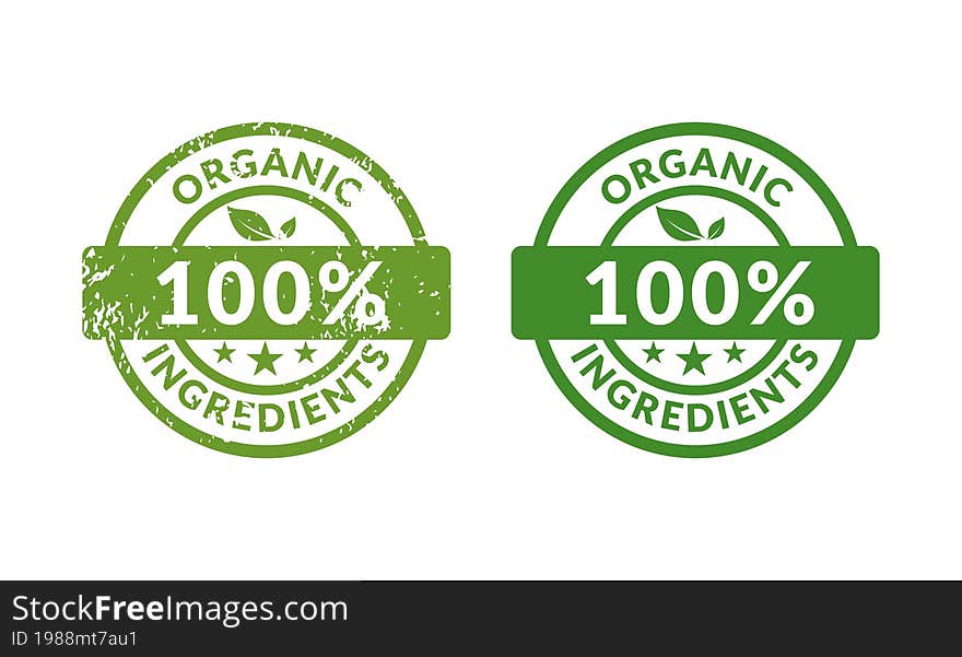 Organic Ingredients 100 percent green rubber stamp icon isolated on white background. Vector illustration