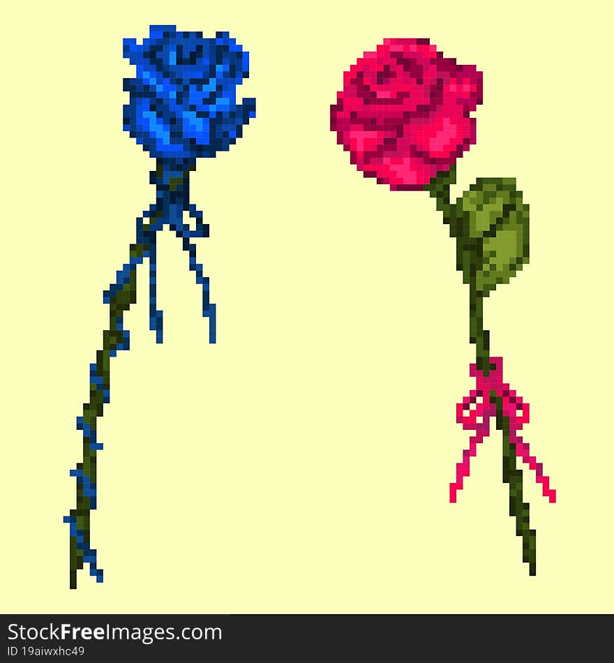 Pixel art - Blue and pink roses with bows