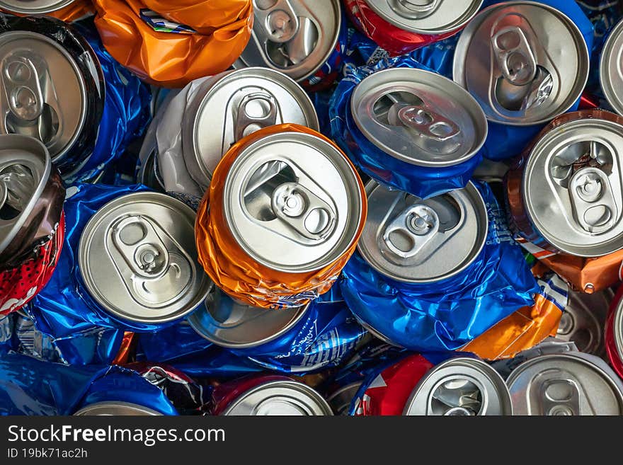 Recycle aluminum metal crushed can waste background.