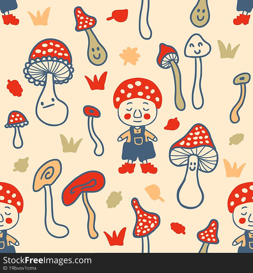 Cozy seamless pattern with gnomes and agaric mushrooms. Perfect print for tee, textile, paper and fabric. Hand drawn vector illustration for surface design