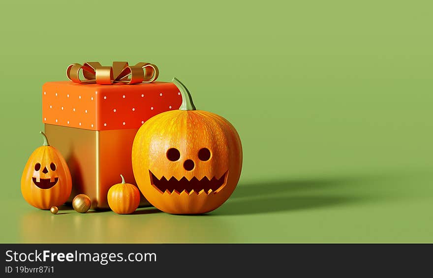 3D rendering happy halloween, pumpkin head on green background, gift box october 31st, copy space for text message or banner template design for product display. 3D rendering happy halloween, pumpkin head on green background, gift box october 31st, copy space for text message or banner template design for product display