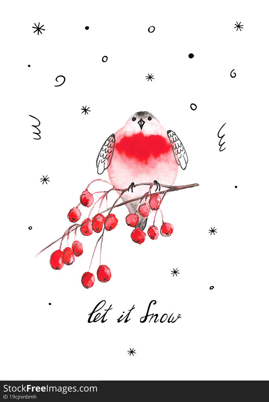 Watercolor bullfinch and rowan berries. Vector template for winter greeting card. Quote let it snow. Watercolor bullfinch and rowan berries. Vector template for winter greeting card. Quote let it snow
