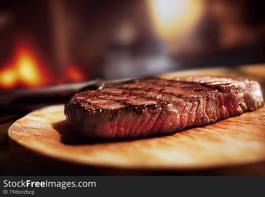 A Piece of Grilled Steak on a Wooden Board with a fire in the background