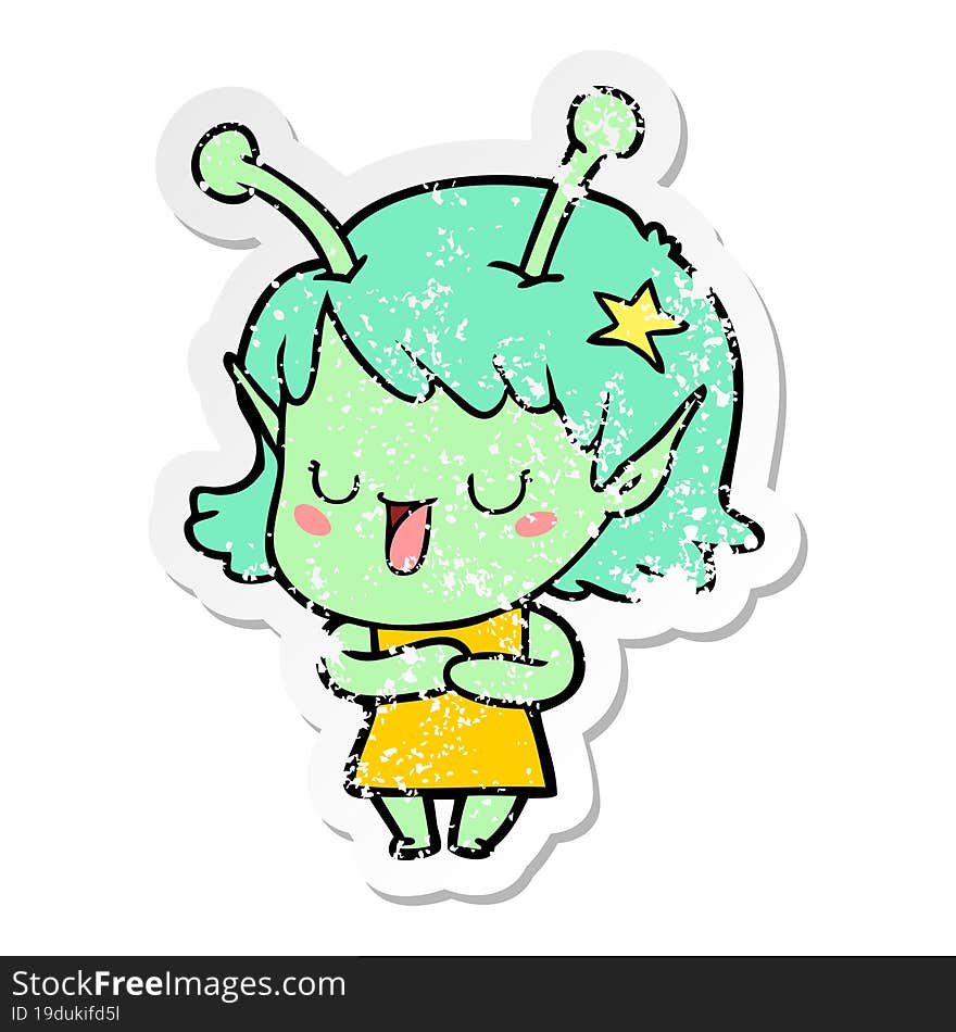 distressed sticker of a happy alien girl cartoon