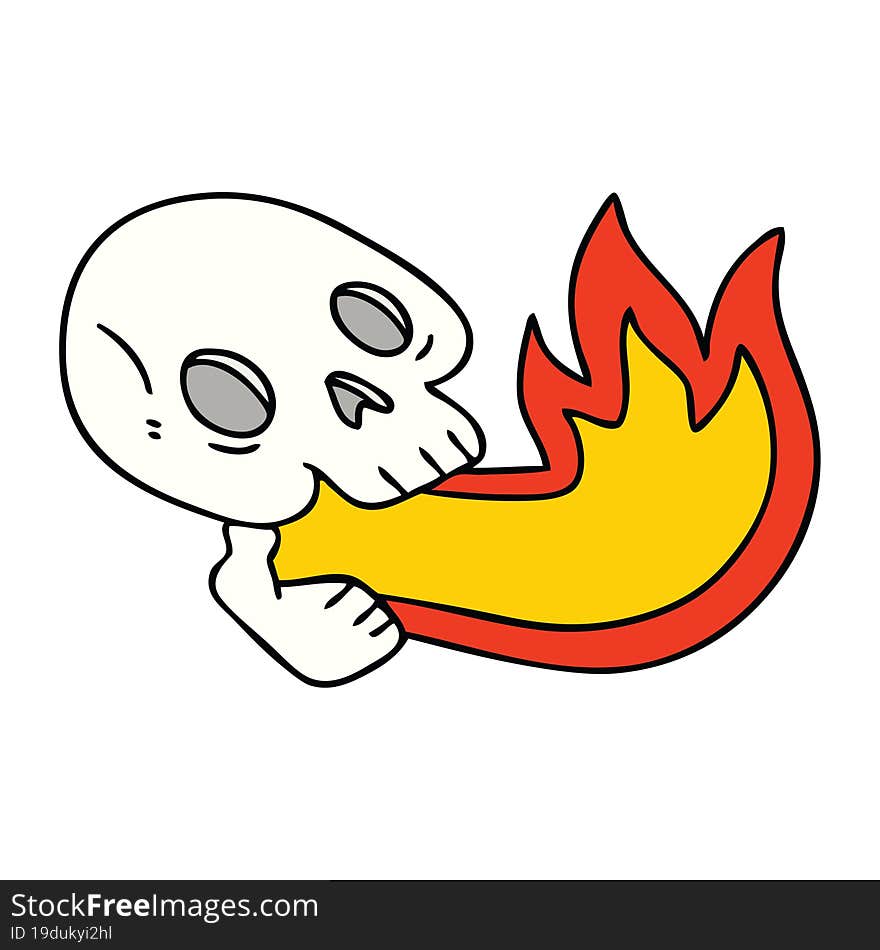 fire breathing quirky hand drawn cartoon skull