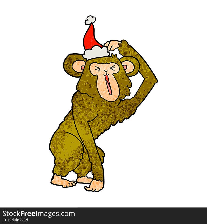 hand drawn textured cartoon of a chimp scratching head wearing santa hat