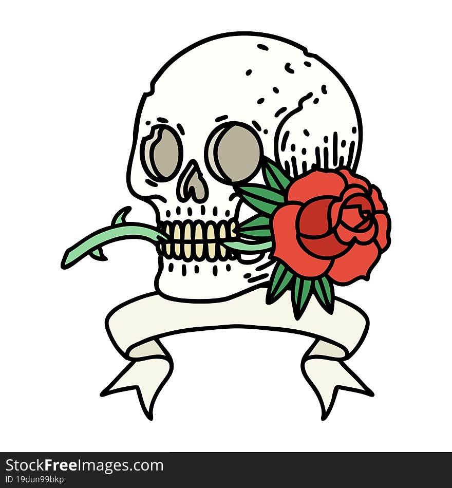 tattoo with banner of a skull and rose