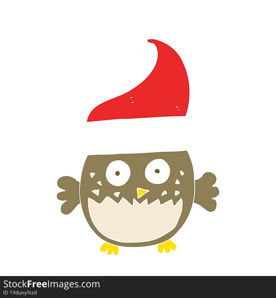 flat color illustration of owl wearing christmas hat. flat color illustration of owl wearing christmas hat