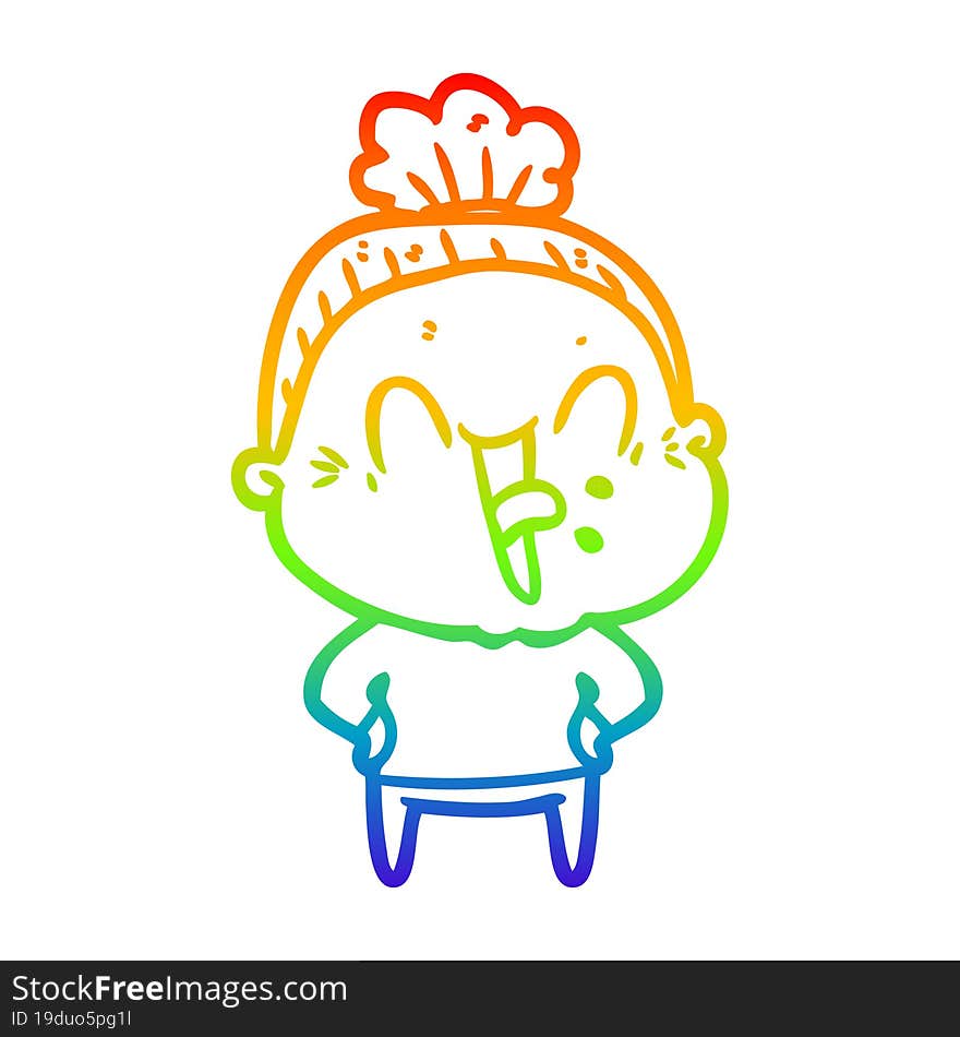 rainbow gradient line drawing of a cartoon happy old woman