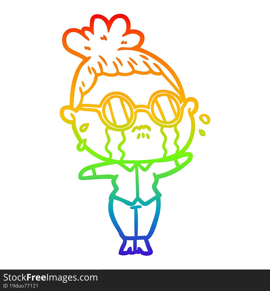 Rainbow Gradient Line Drawing Cartoon Crying Woman Wearing Spectacles