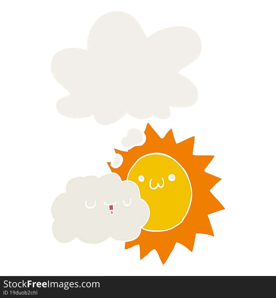 cartoon sun and cloud and thought bubble in retro style