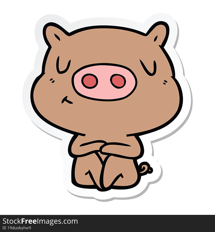 sticker of a cartoon content pig meditating