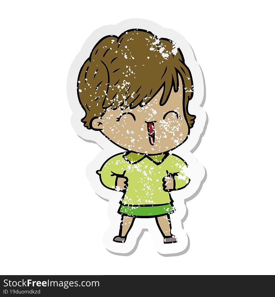 distressed sticker of a cartoon laughing woman