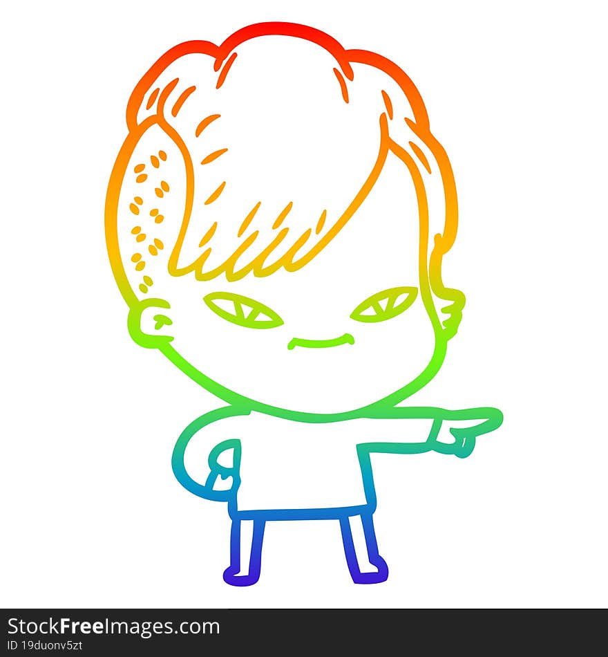 rainbow gradient line drawing of a cute cartoon girl with hipster haircut