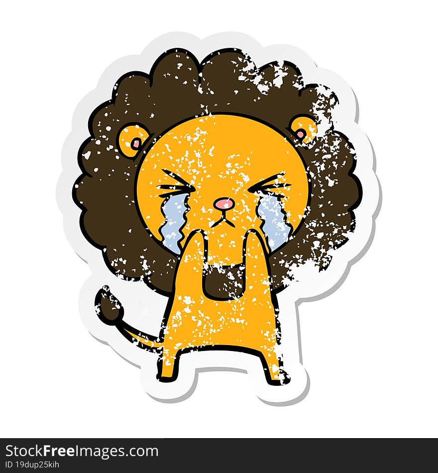 distressed sticker of a cartoon crying lion