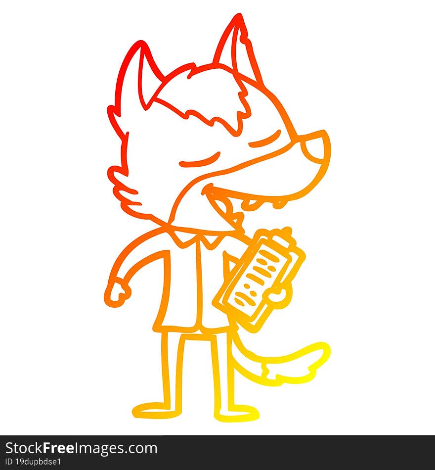 warm gradient line drawing of a cartoon saleman wolf laughing