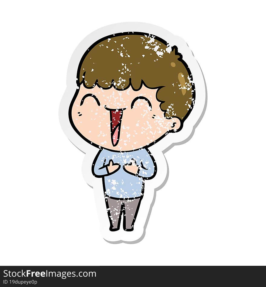 distressed sticker of a cartoon happy man