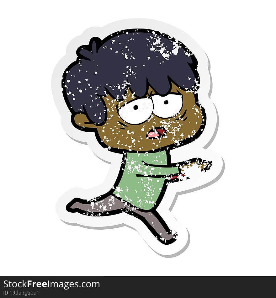 Distressed Sticker Of A Cartoon Exhausted Boy