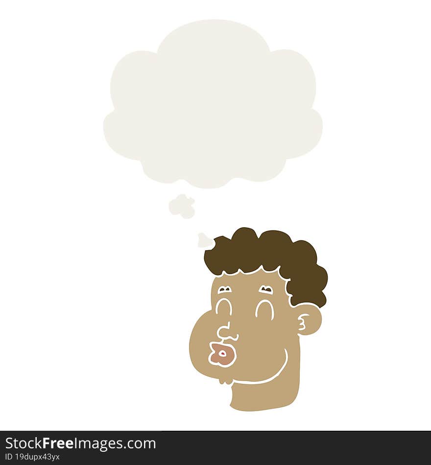 cartoon male face and thought bubble in retro style