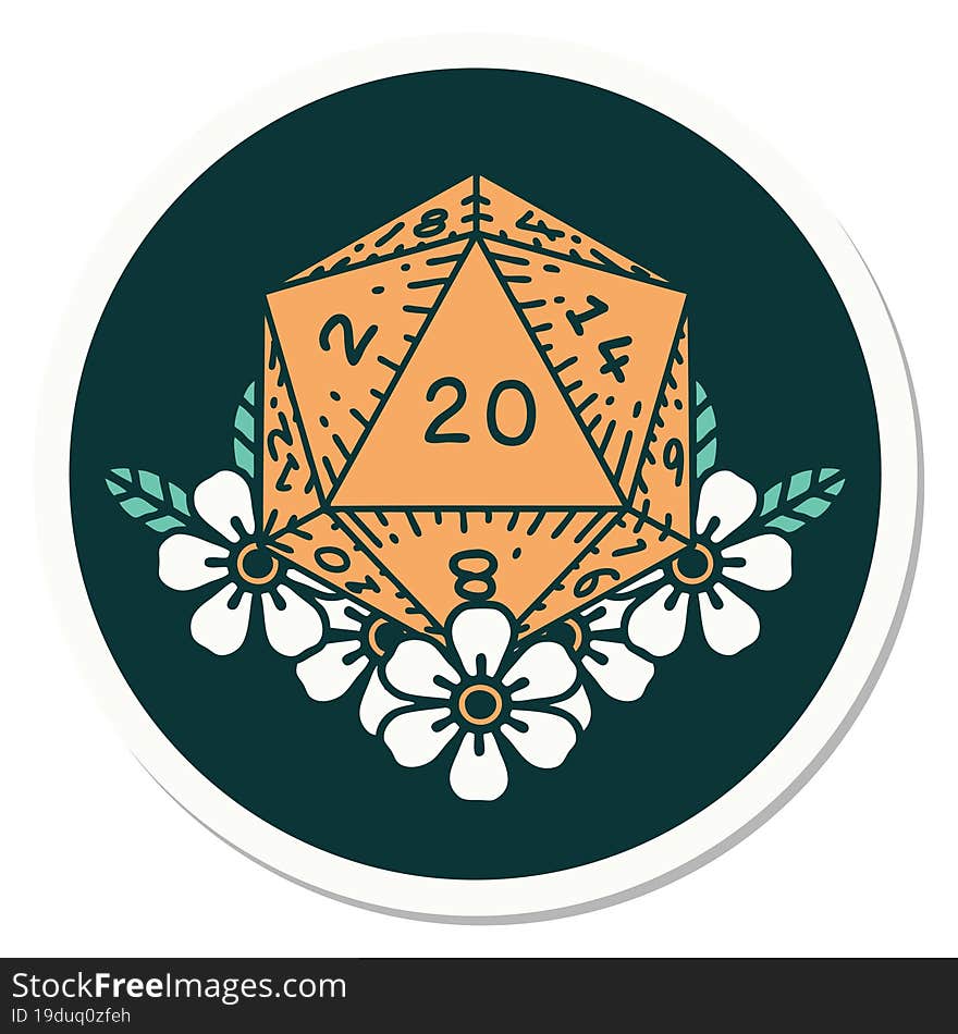 sticker of tattoo in traditional style of a d20. sticker of tattoo in traditional style of a d20