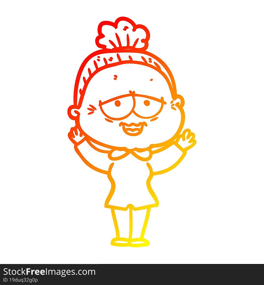 warm gradient line drawing of a cartoon happy old lady