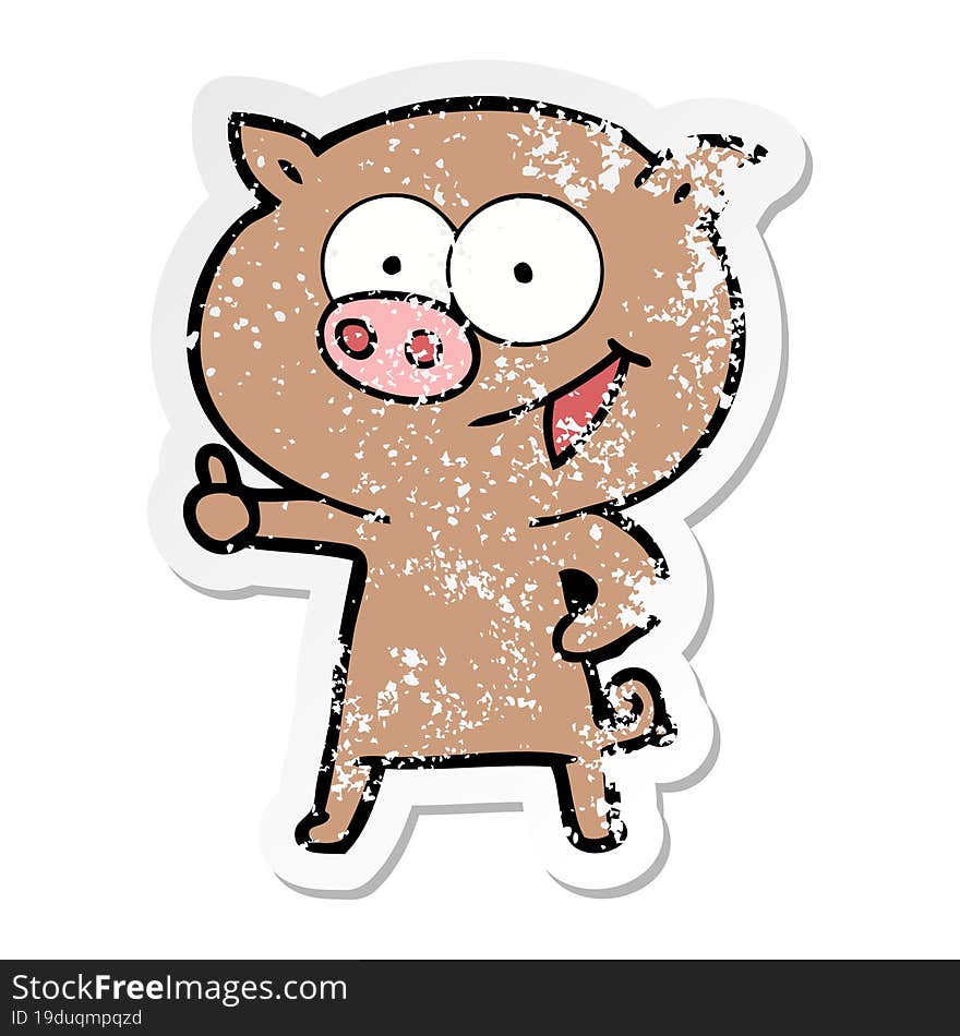 distressed sticker of a cheerful pig cartoon