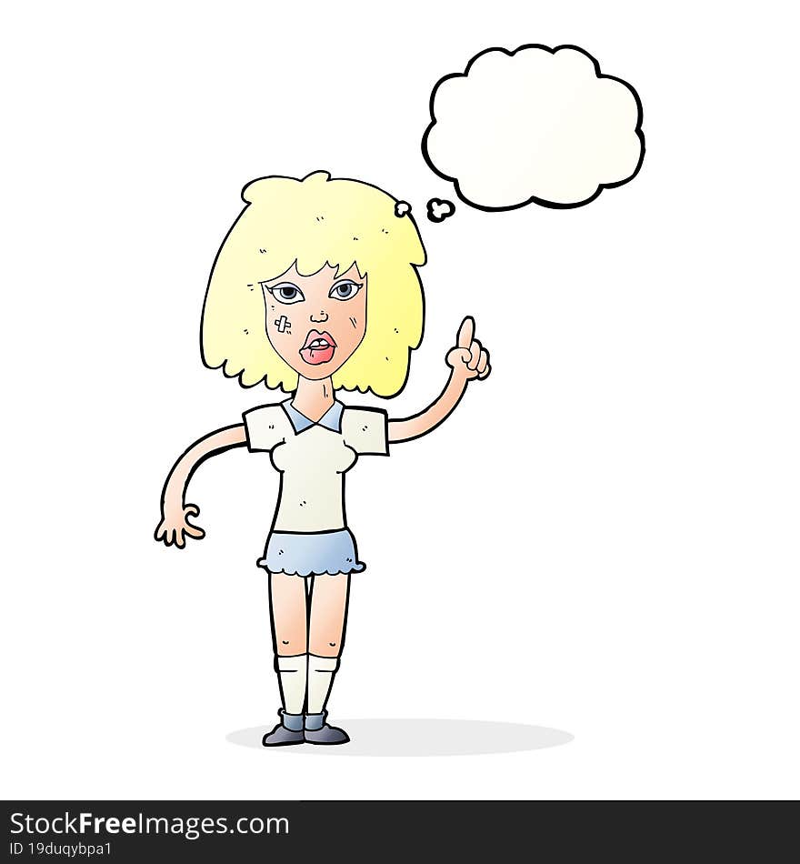 cartoon tough woman with idea with thought bubble