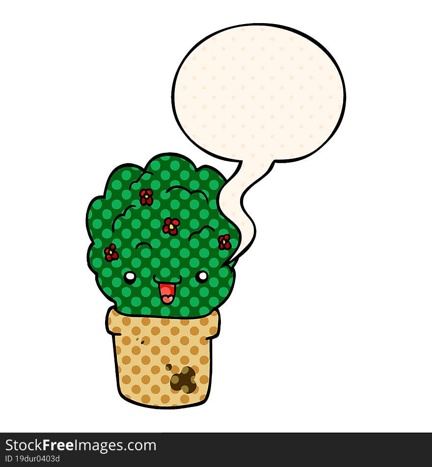 cartoon shrub in pot and speech bubble in comic book style