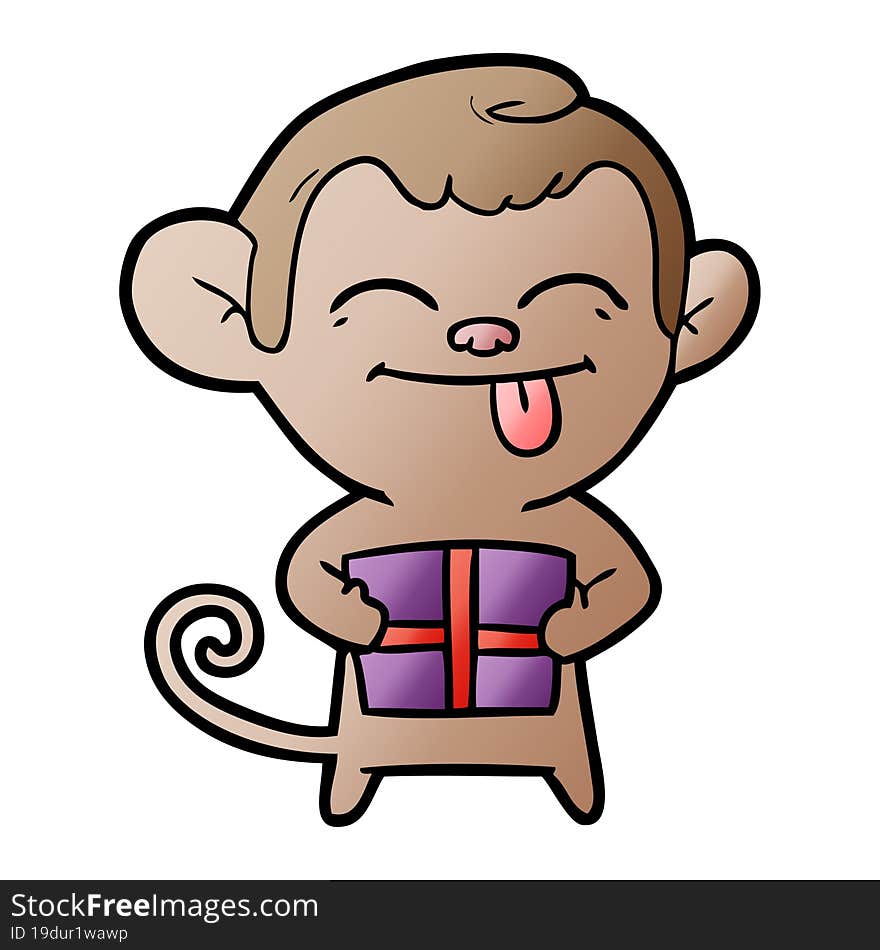 funny cartoon monkey with christmas present. funny cartoon monkey with christmas present