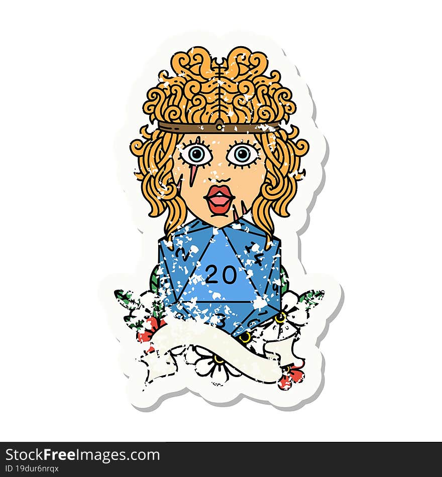 grunge sticker of a human barbarian with natural 20 dice roll. grunge sticker of a human barbarian with natural 20 dice roll