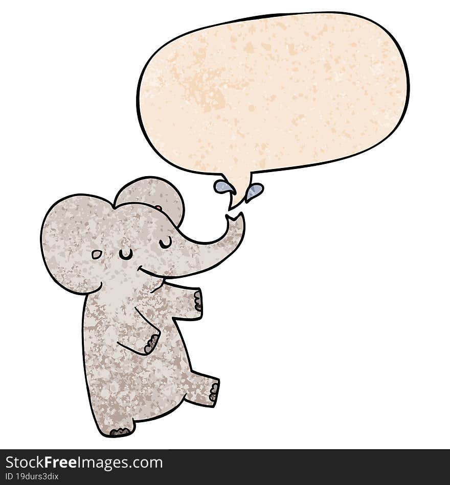 cartoon dancing elephant and speech bubble in retro texture style